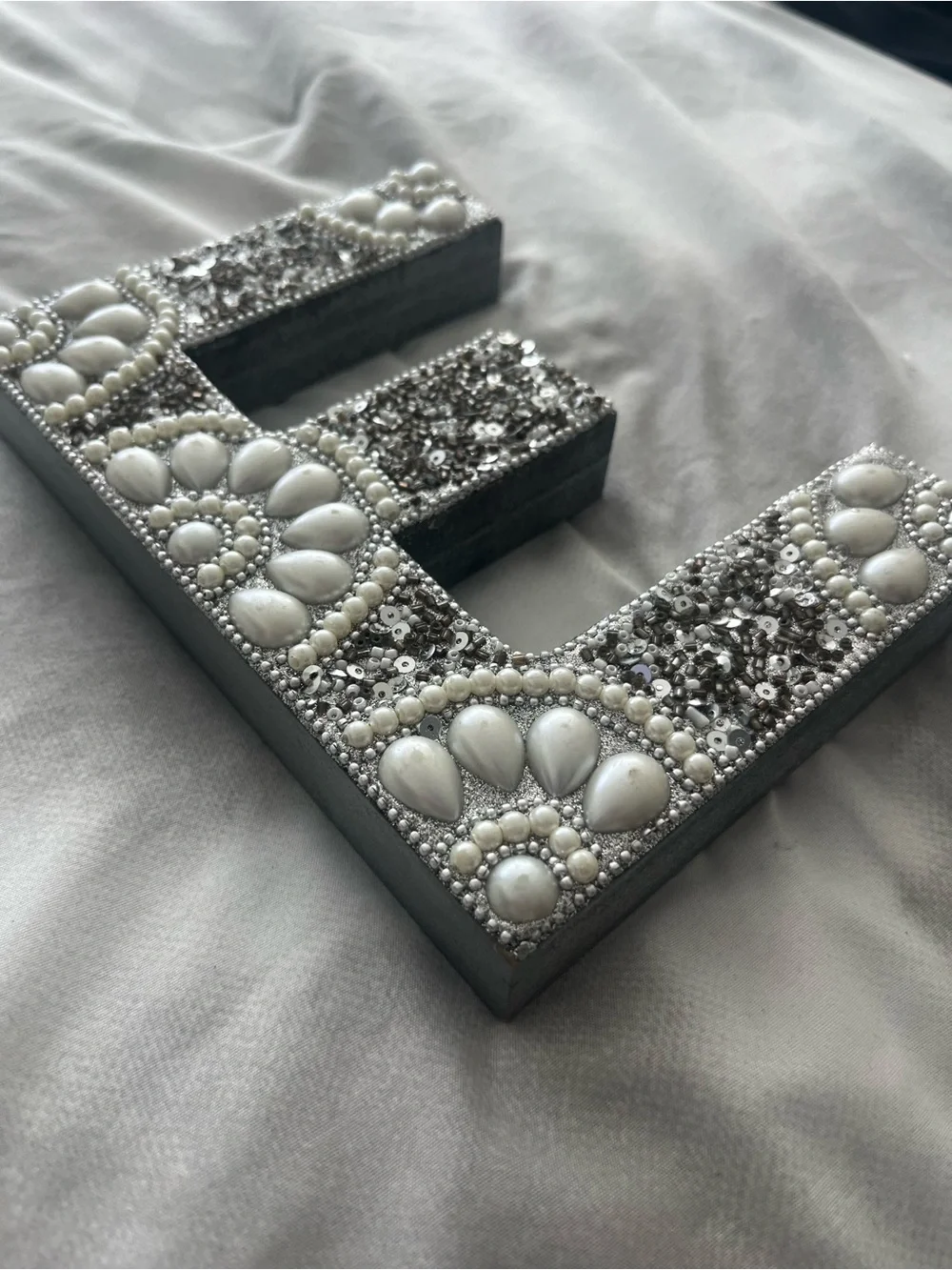 Letter E Decor in Silver and Pearl